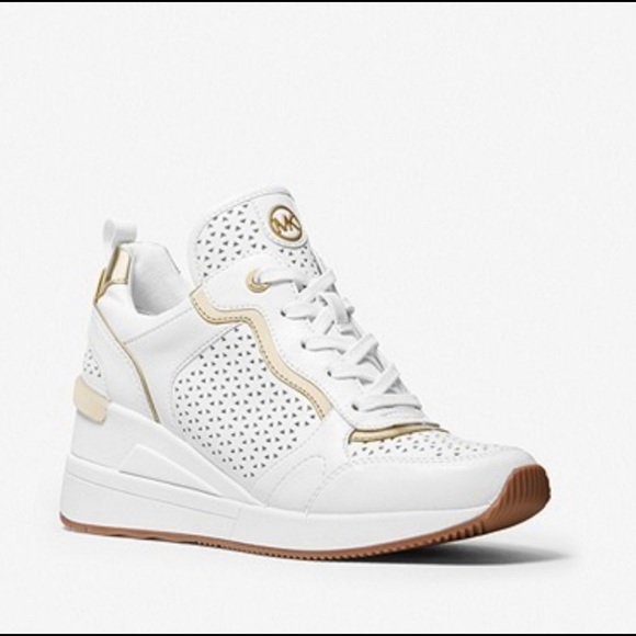 Michael Kors Crista White/Gold Faux Leather Wedge Trainer Lace-up Sneaker